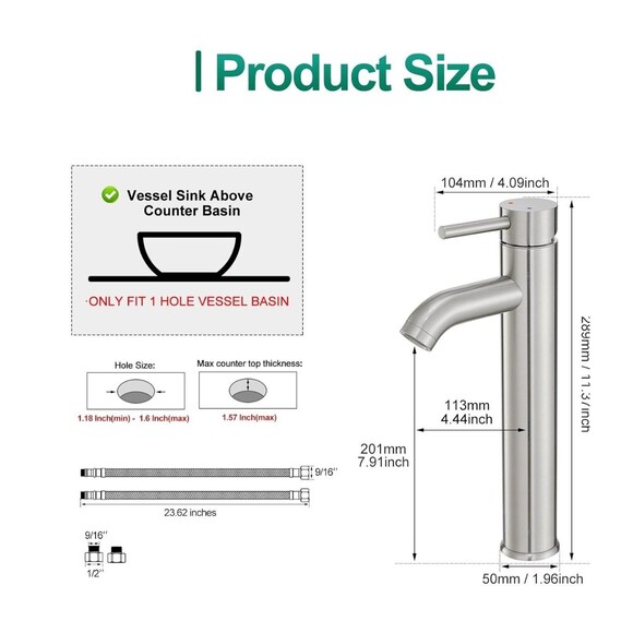 VOTON Bathroom Sink Faucet Chrome Tall Bath Faucet Single Handle One Hole - Picture 5 of 16